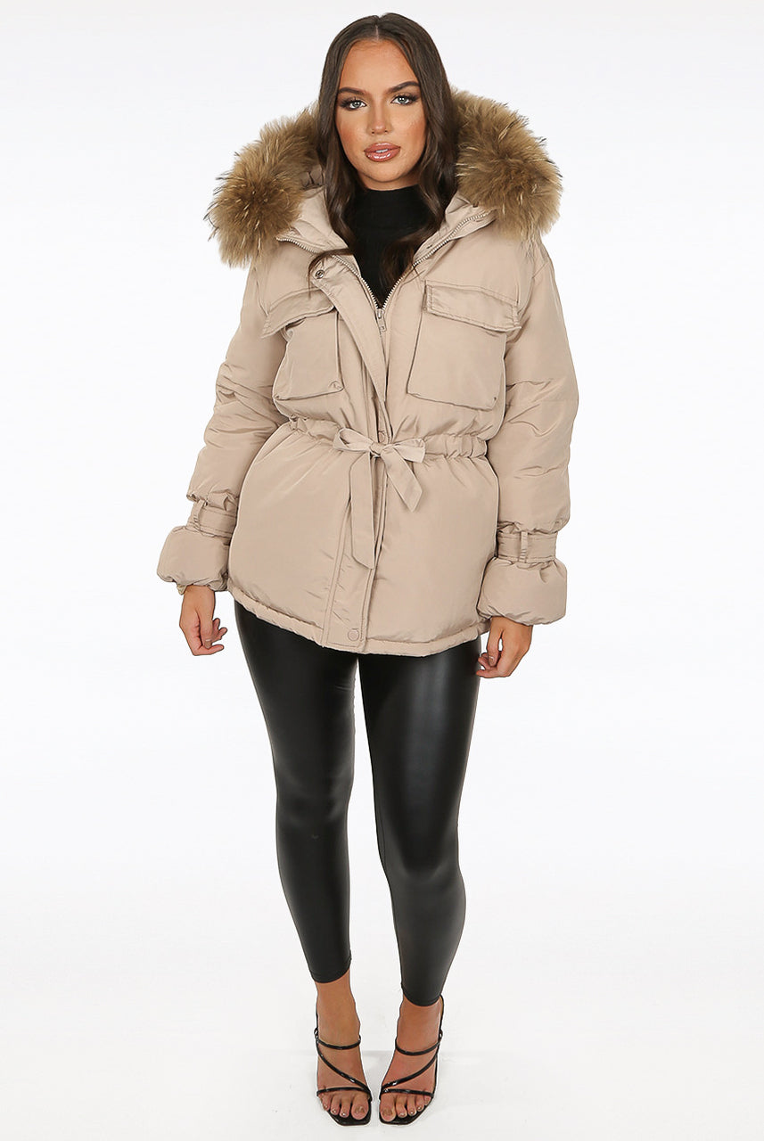 Beige Natural Fur Hood Attentif Puffer Jacket - Jemima - Storm Desire