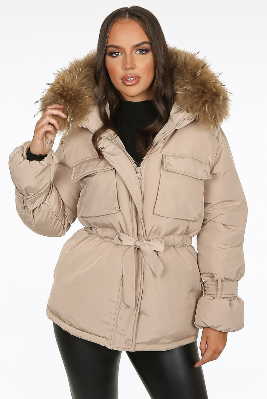 Beige Natural Fur Hood Attentif Puffer Jacket - Jemima - Storm Desire
