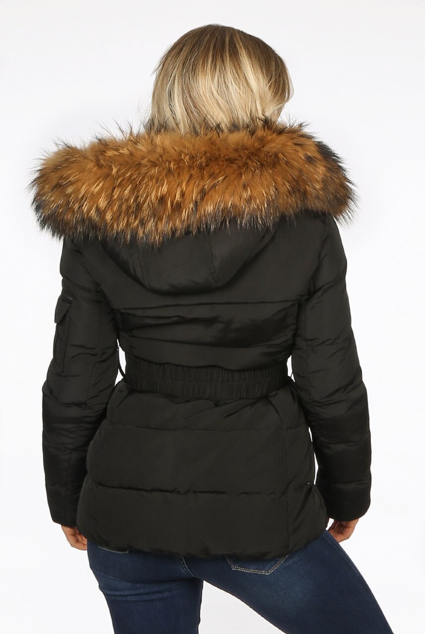 Black Natural Fur Hood Attentif Puffer Zip Jacket - Storm Desire