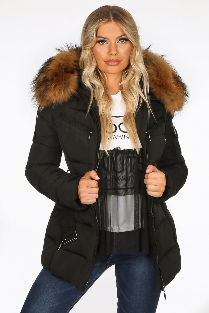 Black Natural Fur Hood Attentif Puffer Zip Jacket – Storm Desire