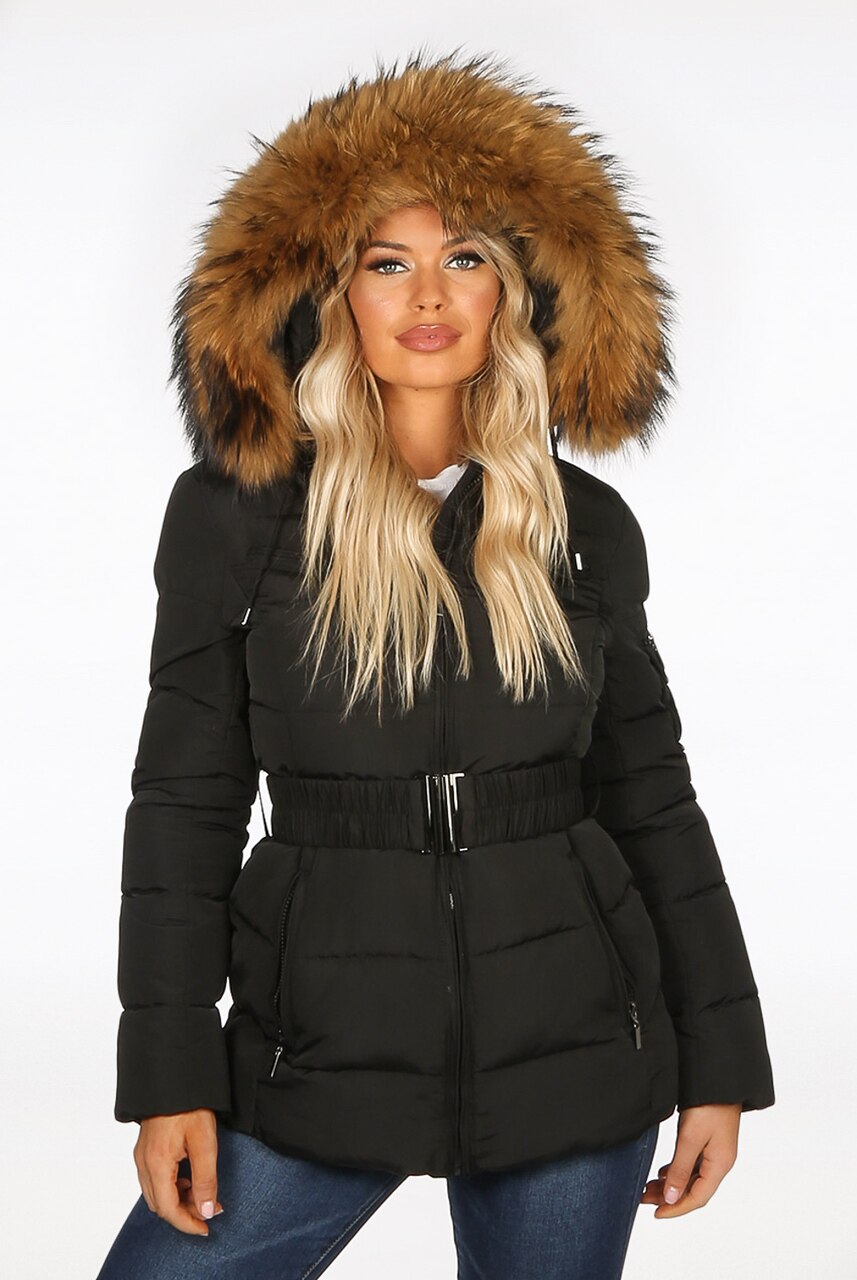 Black Natural Fur Hood Attentif Puffer Zip Jacket - Storm Desire