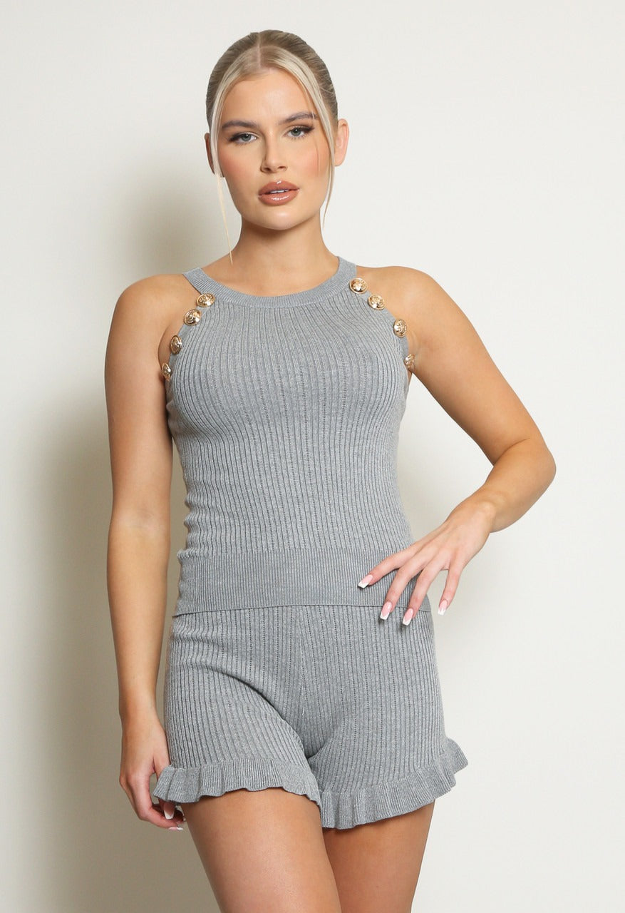 Grey Ribbed Gold Button Top & Shorts Set - Adelyn - Storm Desire