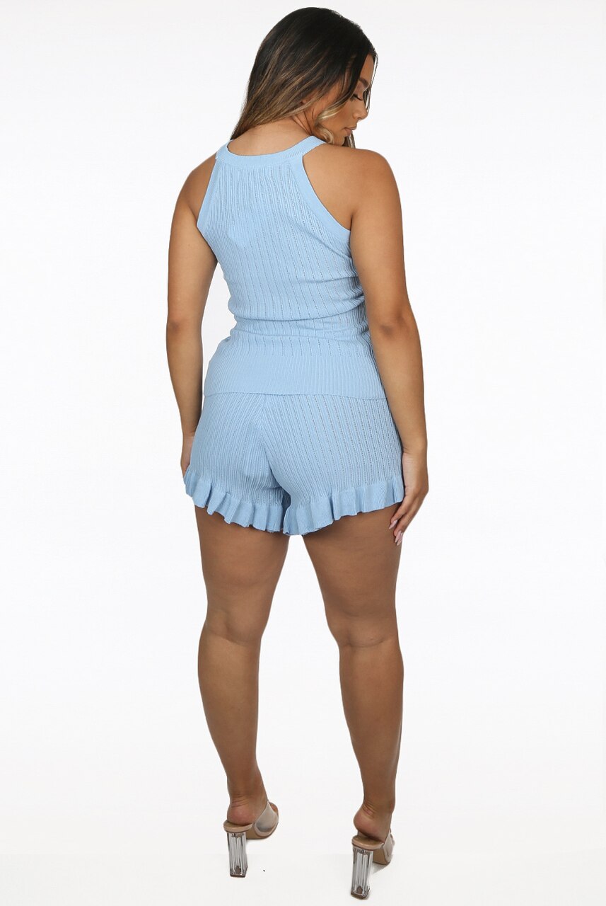 Blue Ribbed Gold Button Top & Shorts Set - Adelyn - Storm Desire