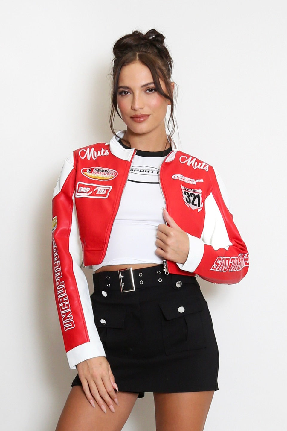 Faux Leather Slogan Cropped Biker Jacket - Khloe