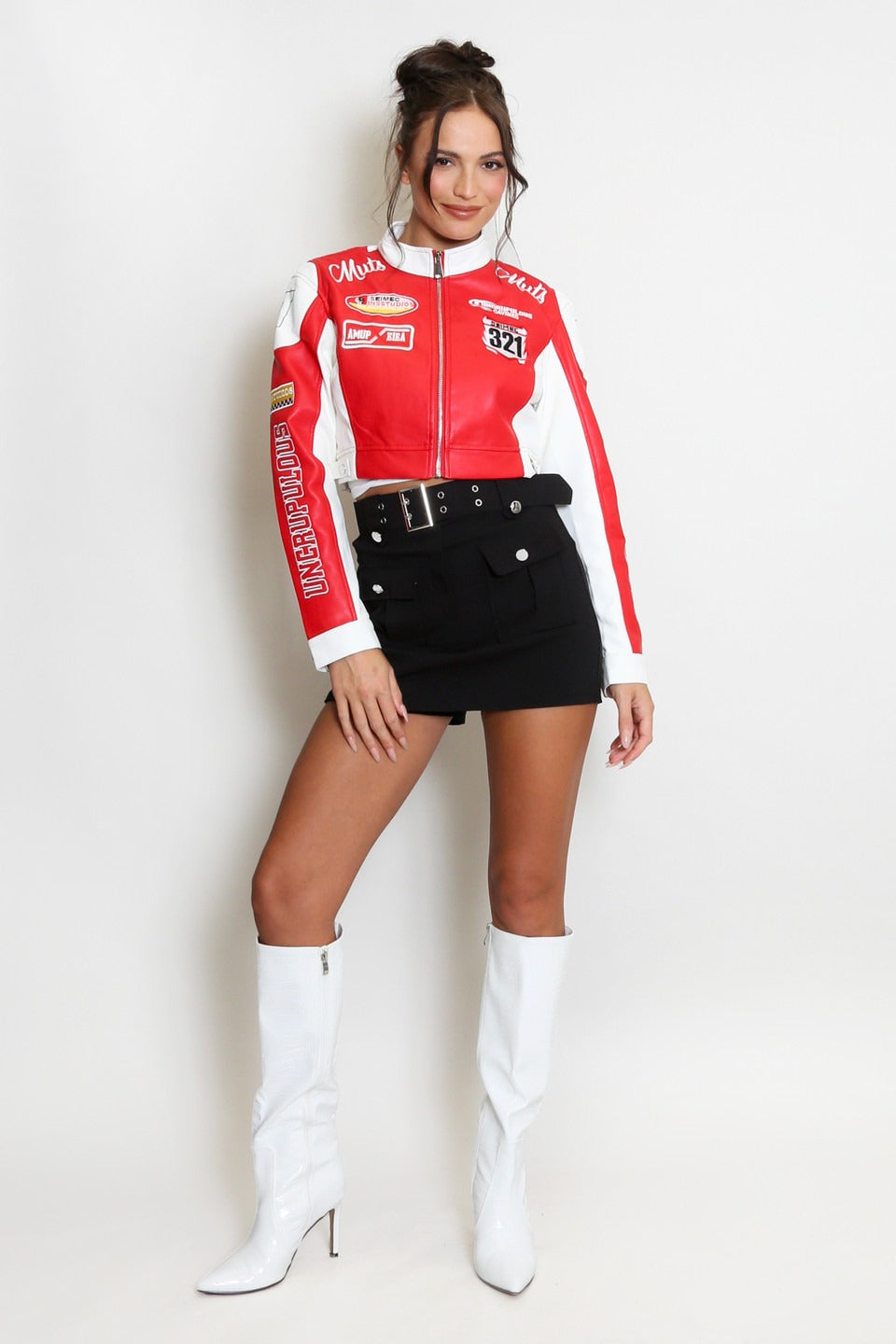 Faux Leather Slogan Cropped Biker Jacket - Khloe