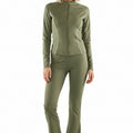 Olive green zip-up top and flared trousers set with long sleeves