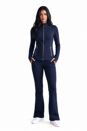 Freya fitted panel gym jacket and flare trousers set, navy zip-up jacket