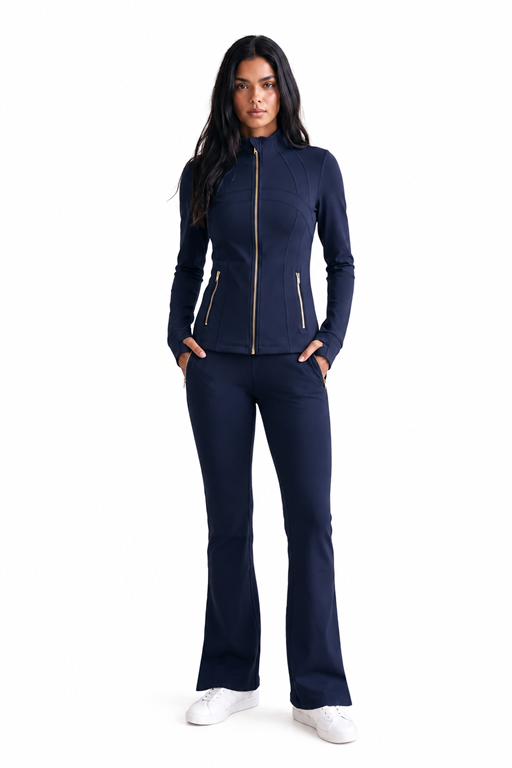 Freya fitted panel gym jacket and flare trousers set, navy zip-up jacket