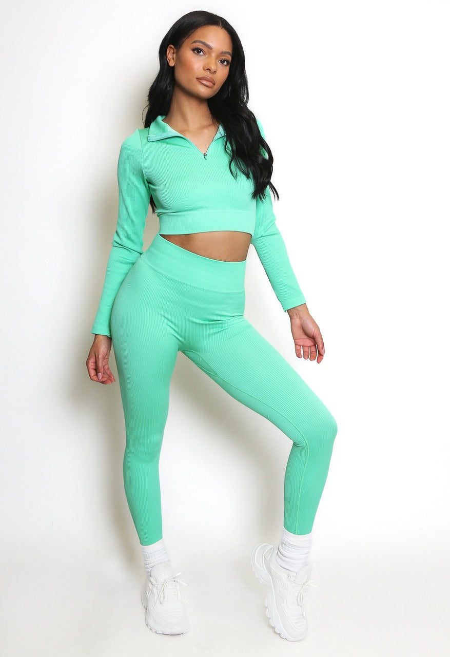 Mint Ribbed Zip Top & Leggings Set - Ruby - Storm Desire