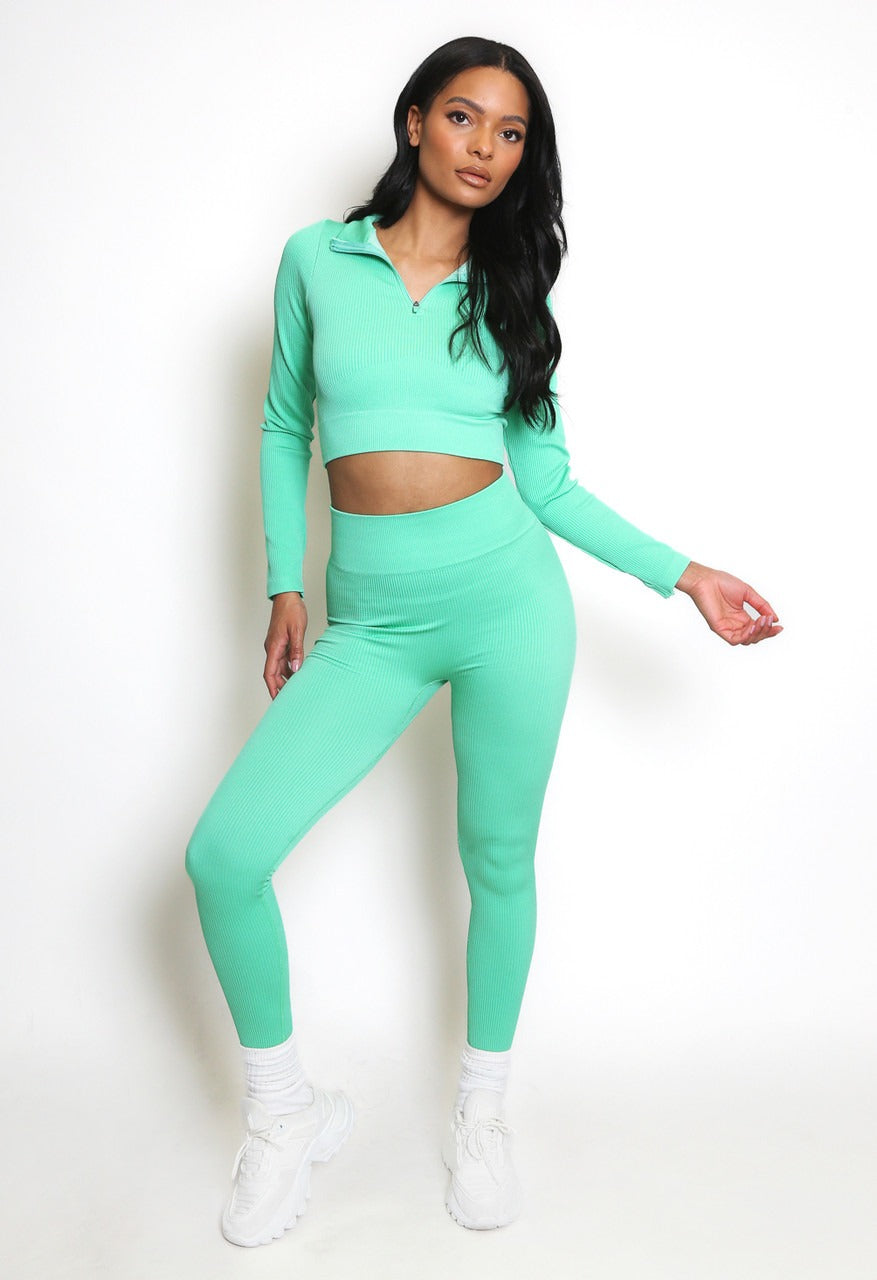 Mint Ribbed Zip Top & Leggings Set - Ruby - Storm Desire