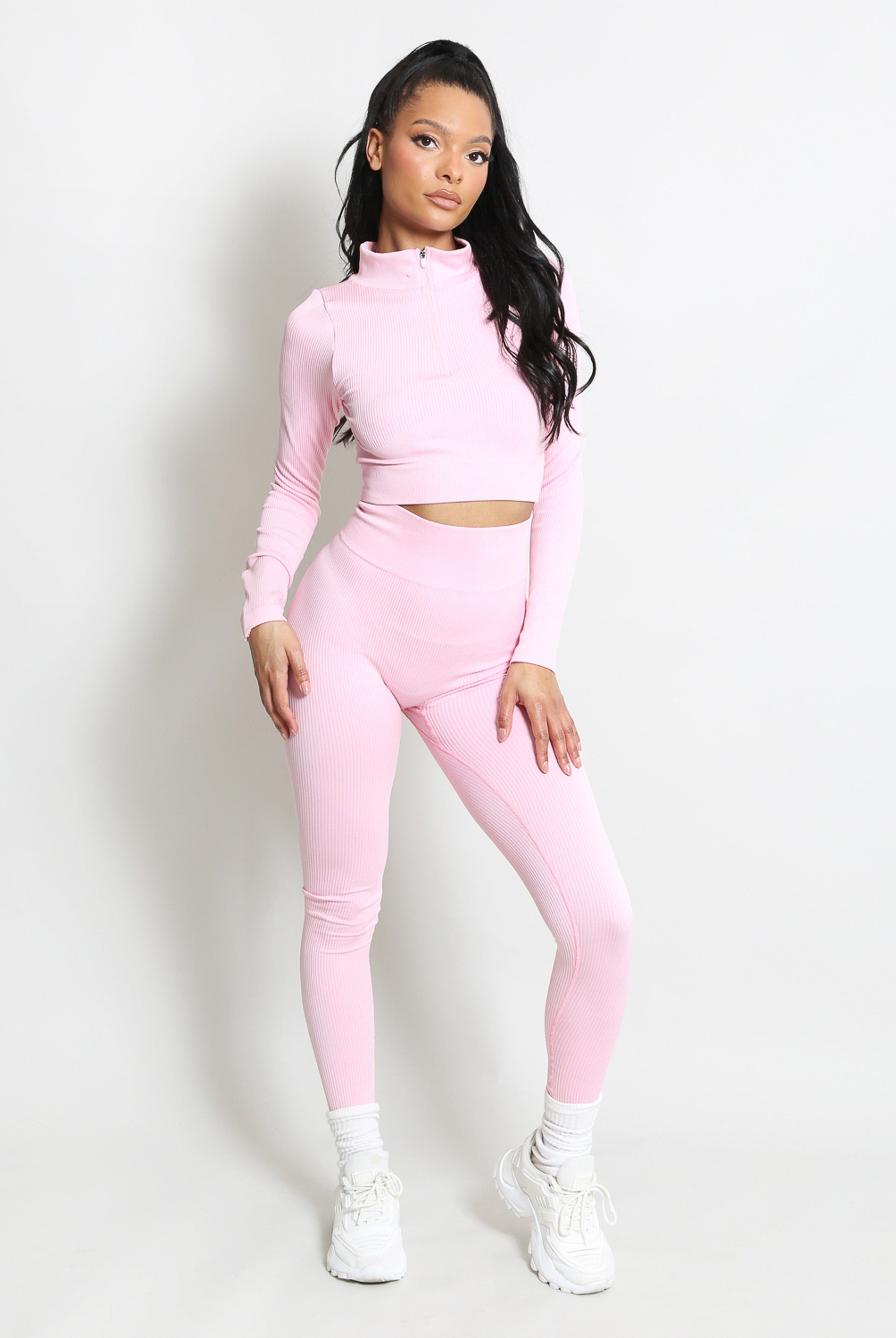 Ribbed Zip Top & Leggings Gym Set - Ruby - Storm Desire