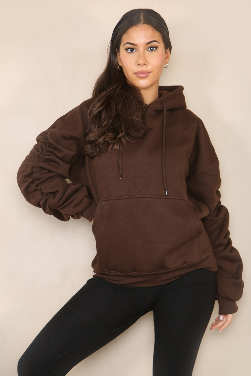 Brown Ruched Sleeve Hooded Sweatshirt - Kora - Storm Desire