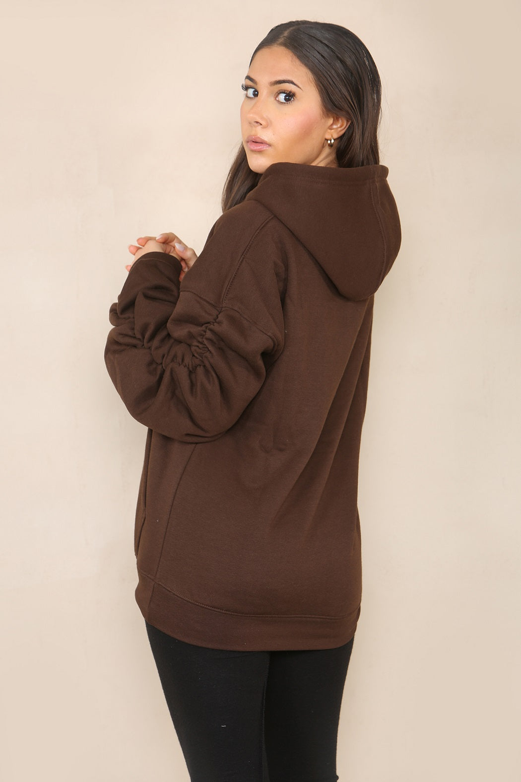 Brown Ruched Sleeve Hooded Sweatshirt - Kora - Storm Desire