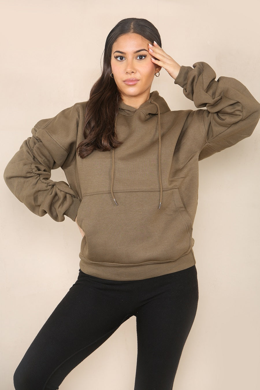 Khaki Green Ruched Sleeve Hooded Sweatshirt - Kora - Storm Desire