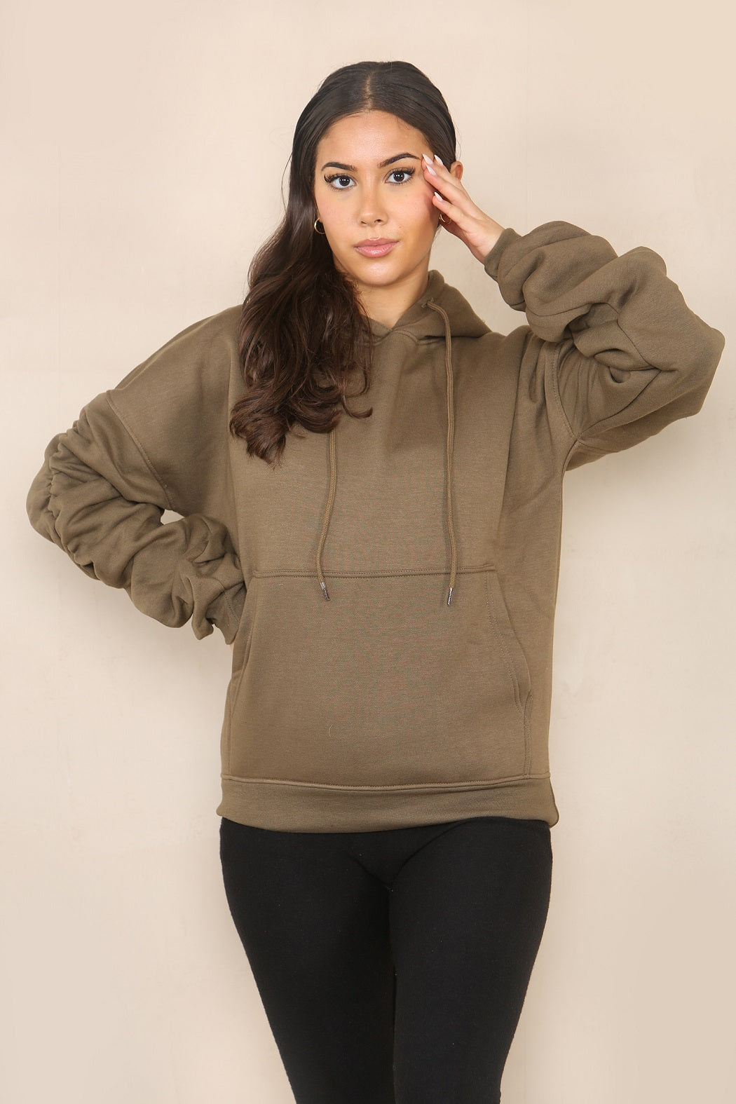 Khaki Green Ruched Sleeve Hooded Sweatshirt - Kora - Storm Desire