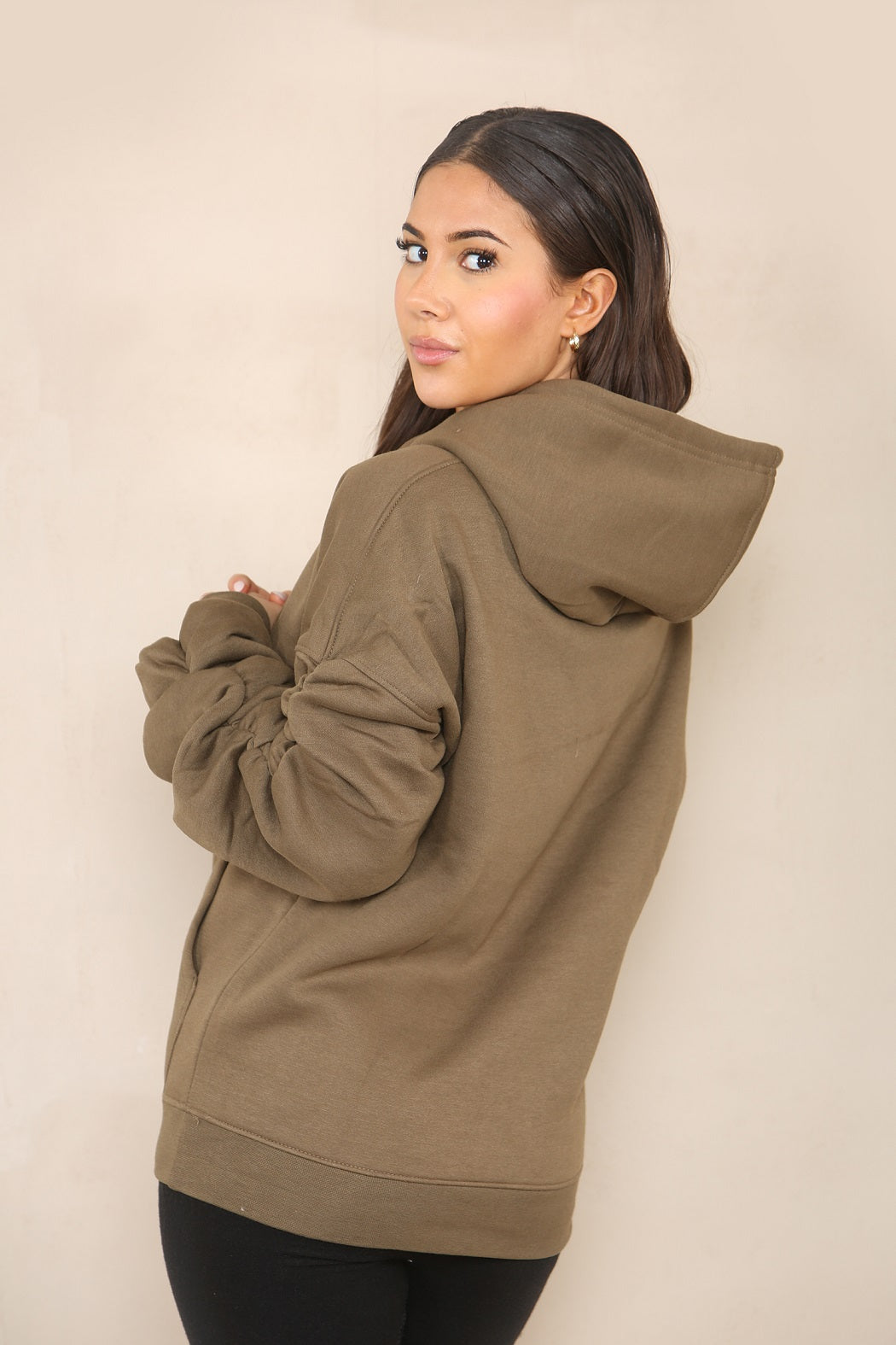 Khaki Green Ruched Sleeve Hooded Sweatshirt - Kora - Storm Desire