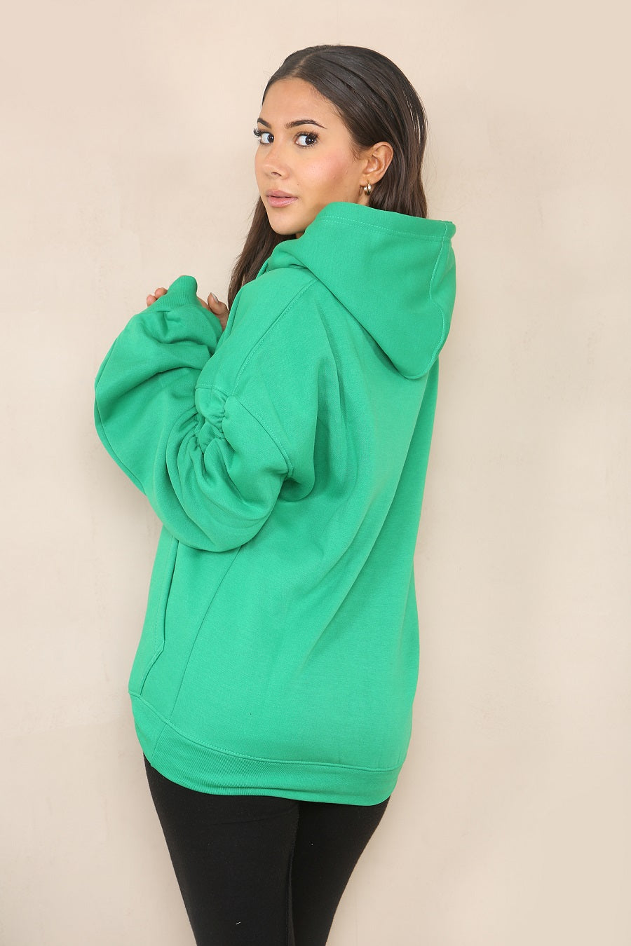 Bright Green Ruched Sleeve Hooded Sweatshirt - Kora - Storm Desire