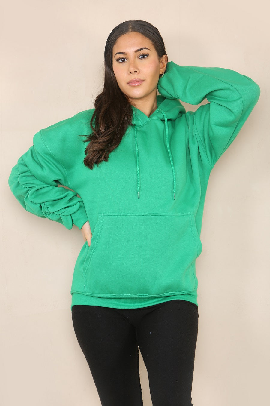 Bright Green Ruched Sleeve Hooded Sweatshirt - Kora - Storm Desire