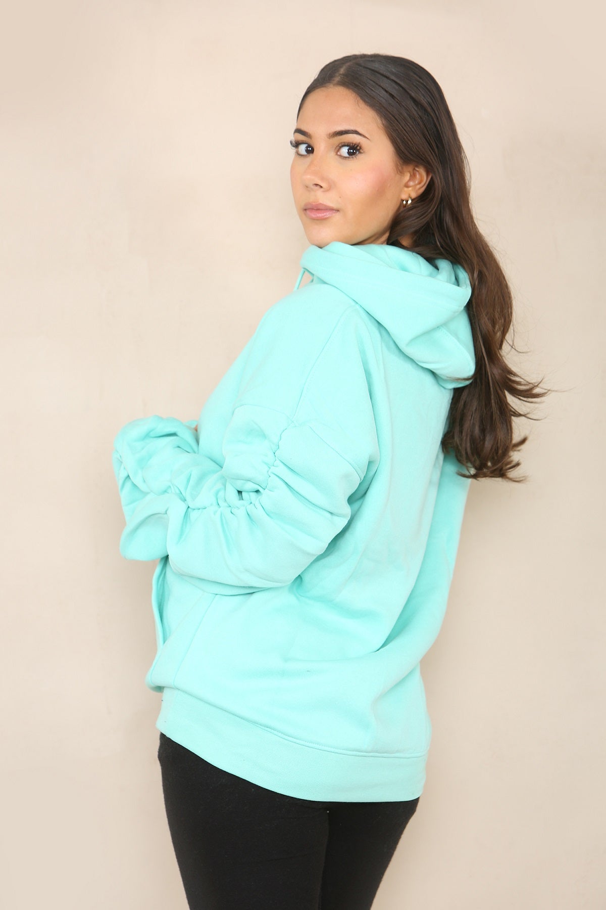 Mint Ruched Sleeve Hooded Sweatshirt - Kora - Storm Desire