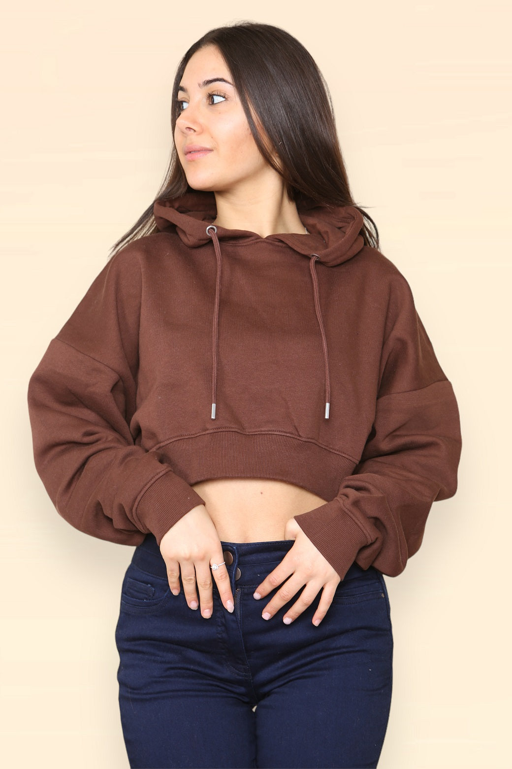 Brown Jersey Hooded Crop Top - Saoirse - Storm Desire