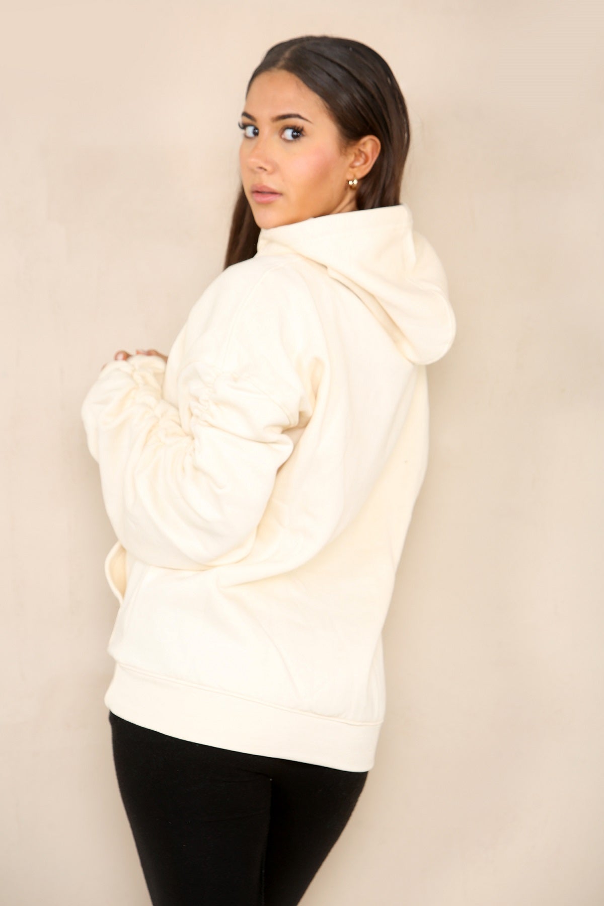 Cream Ruched Sleeve Hooded Sweatshirt - Kora - Storm Desire