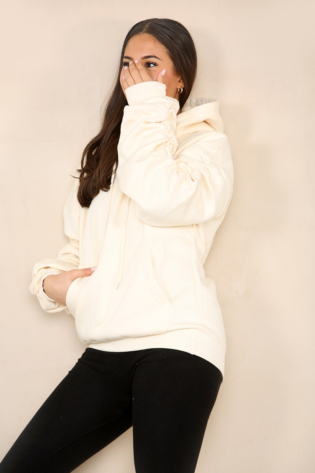 Cream Ruched Sleeve Hooded Sweatshirt - Kora - Storm Desire