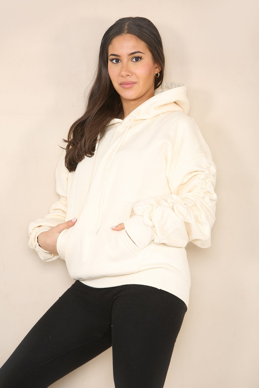 Cream Ruched Sleeve Hooded Sweatshirt - Kora - Storm Desire