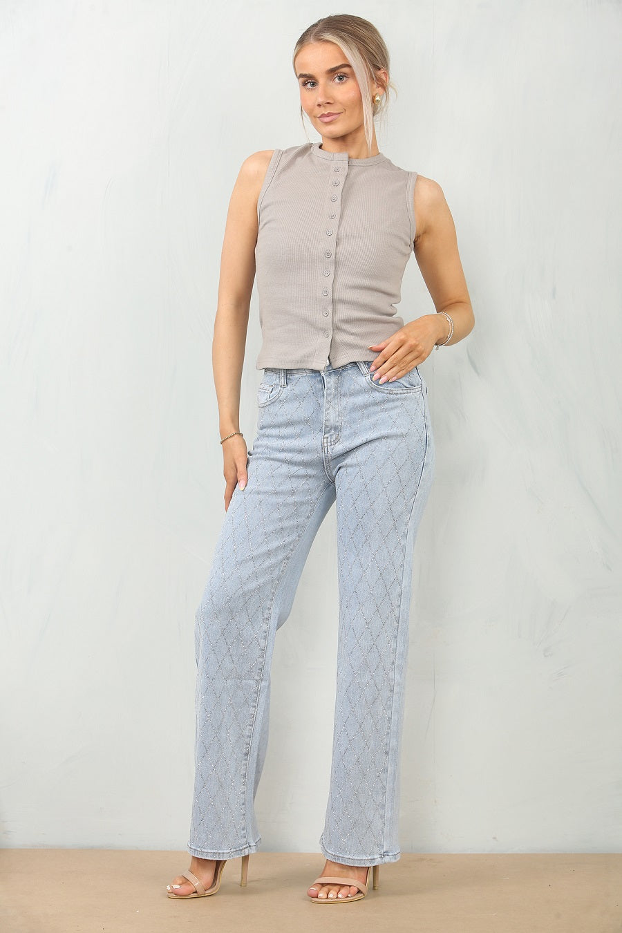 Rhombus Diamante Front Wide Fit Denim Jeans Penny