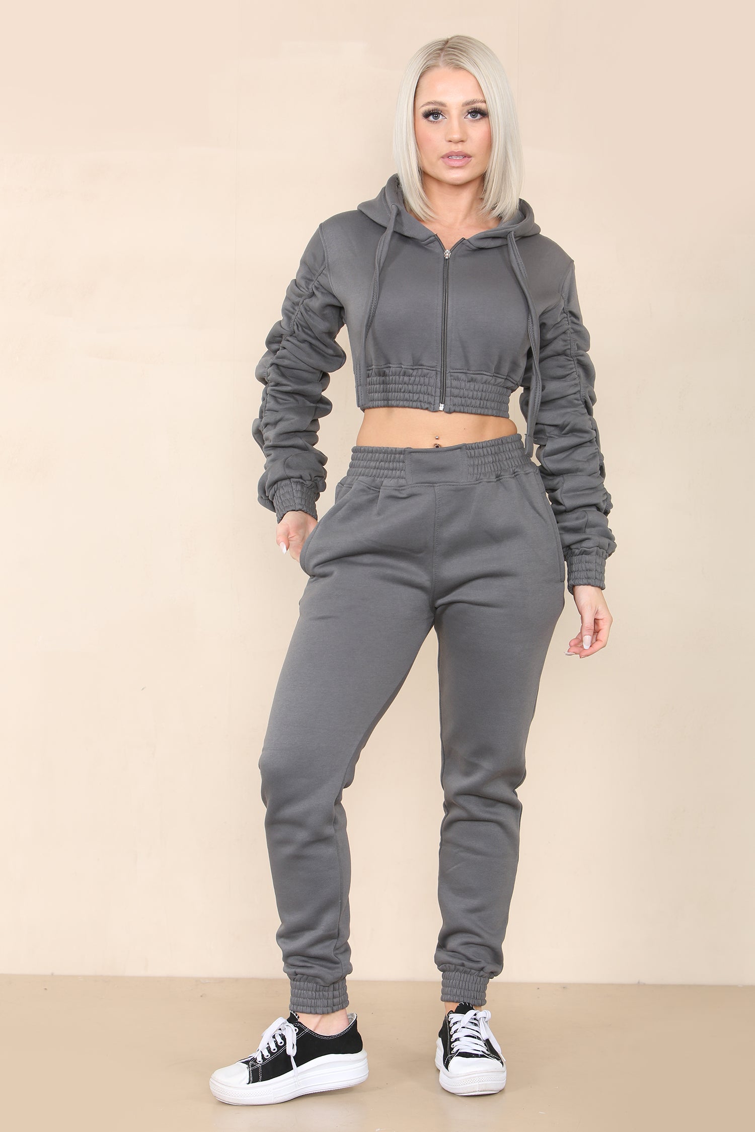 Dark Grey Ruched Cropped Hoodie And Jogger Set - Kallie - Storm Desire
