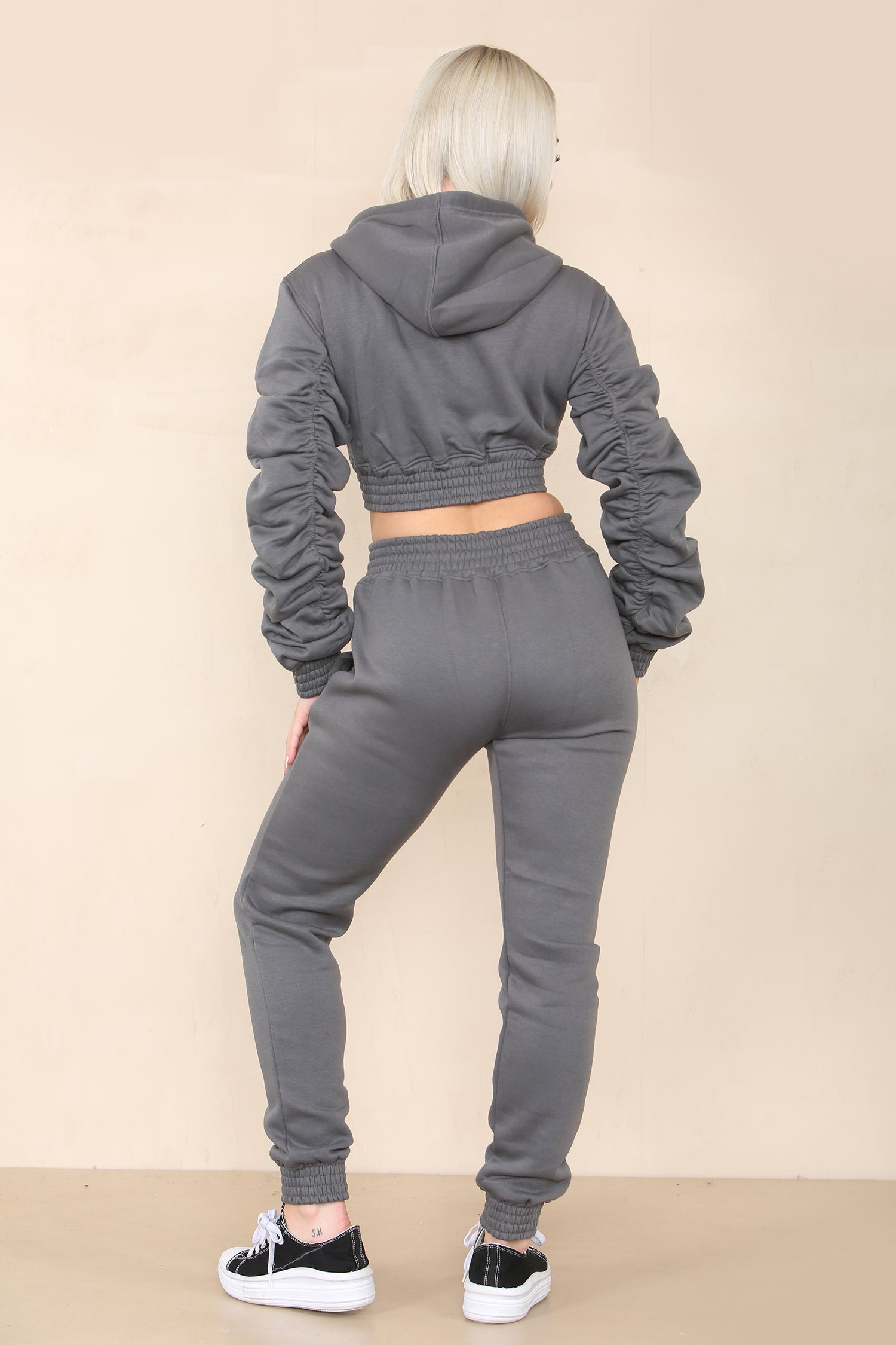 Dark Grey Ruched Cropped Hoodie And Jogger Set - Kallie - Storm Desire