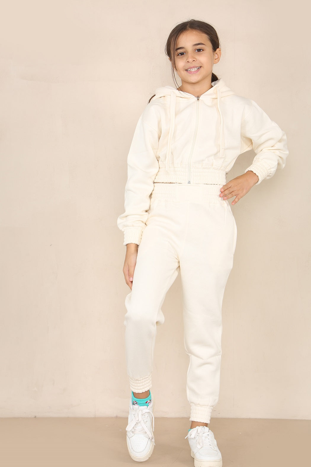 Kids Cream Crop Hooded Loungewear - Valentina - Storm Desire