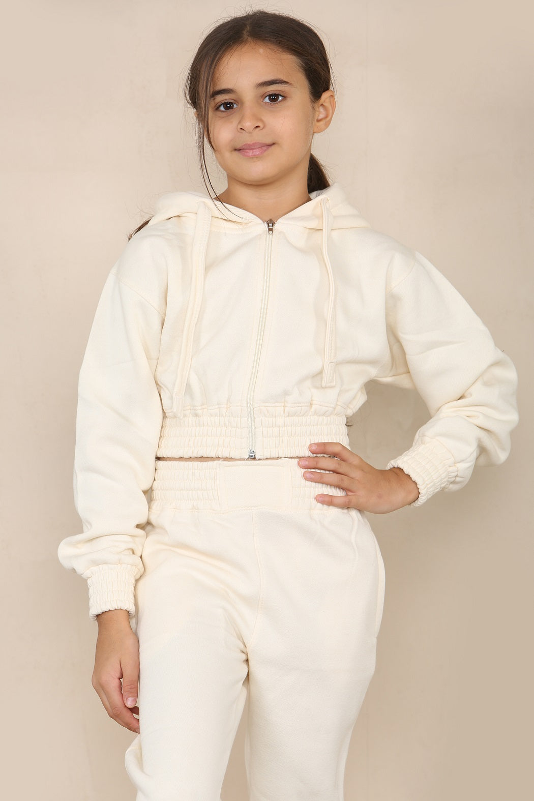Kids Cream Crop Hooded Loungewear - Valentina - Storm Desire