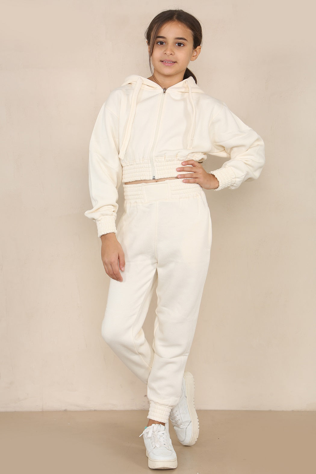 Kids Cream Crop Hooded Loungewear - Valentina - Storm Desire