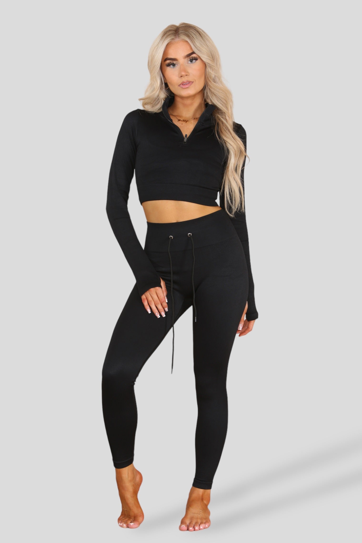 Black Ribbed Zip Top & Leggings Active Set - Gwen - Storm Desire