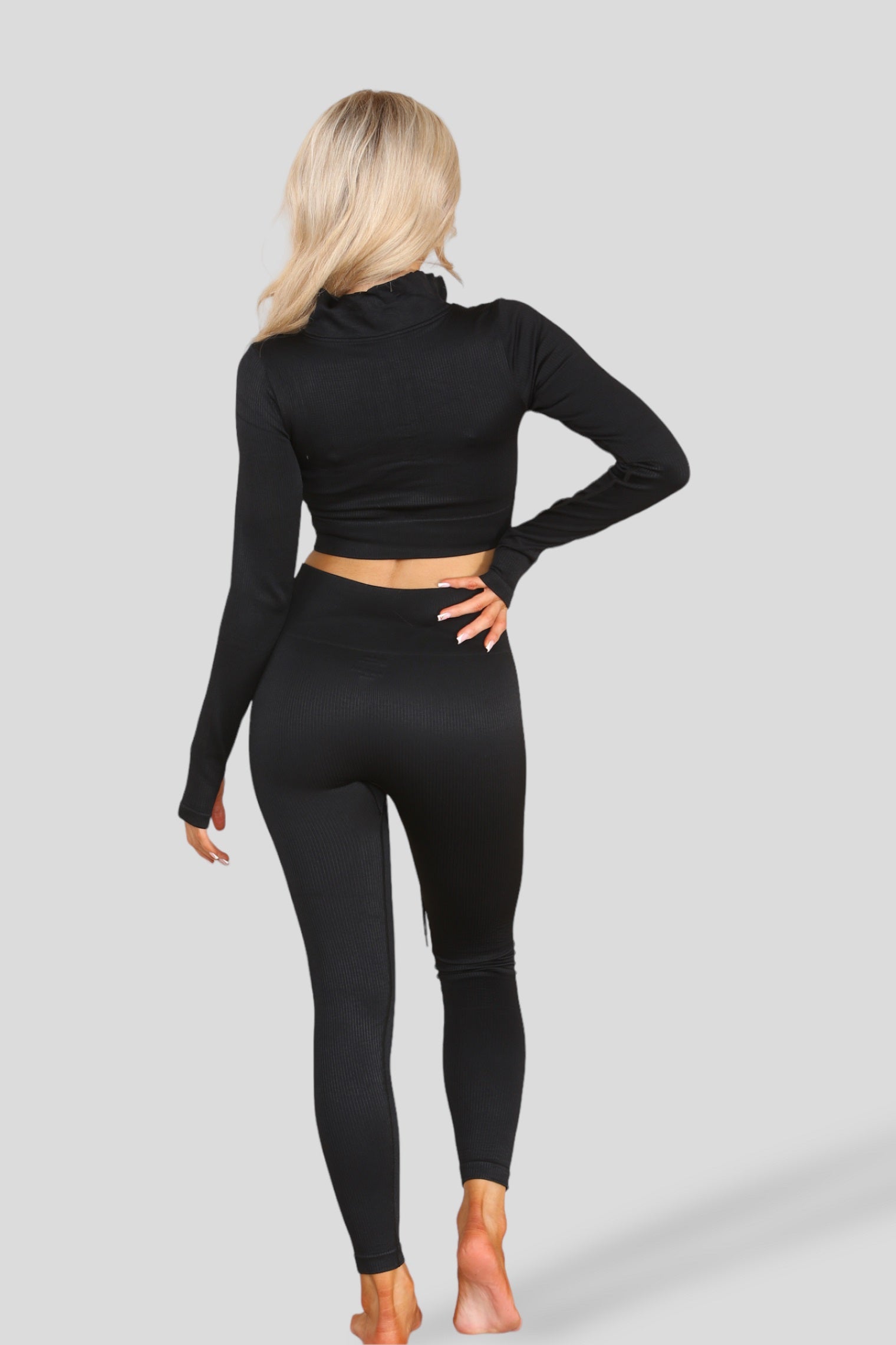 Black Ribbed Zip Top & Leggings Active Set - Gwen - Storm Desire