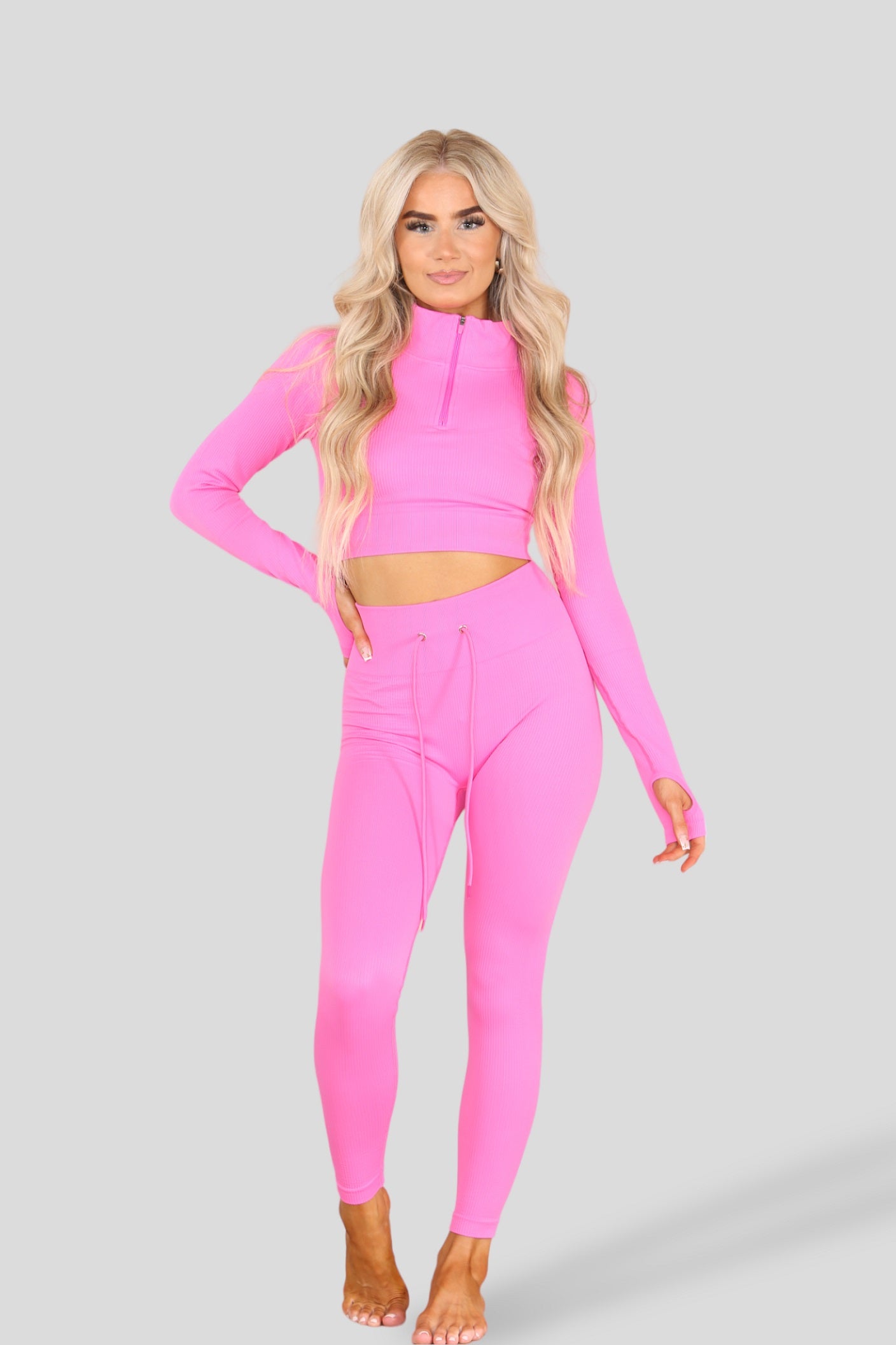 Neon Pink Ribbed Zip Top & Leggings Active Set - Gwen - Storm Desire