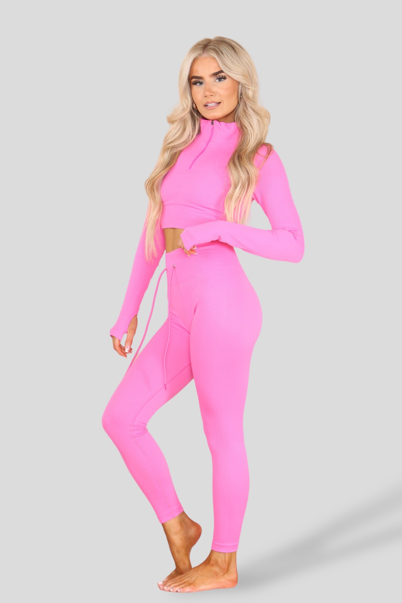 Neon Pink Ribbed Zip Top & Leggings Active Set - Gwen - Storm Desire