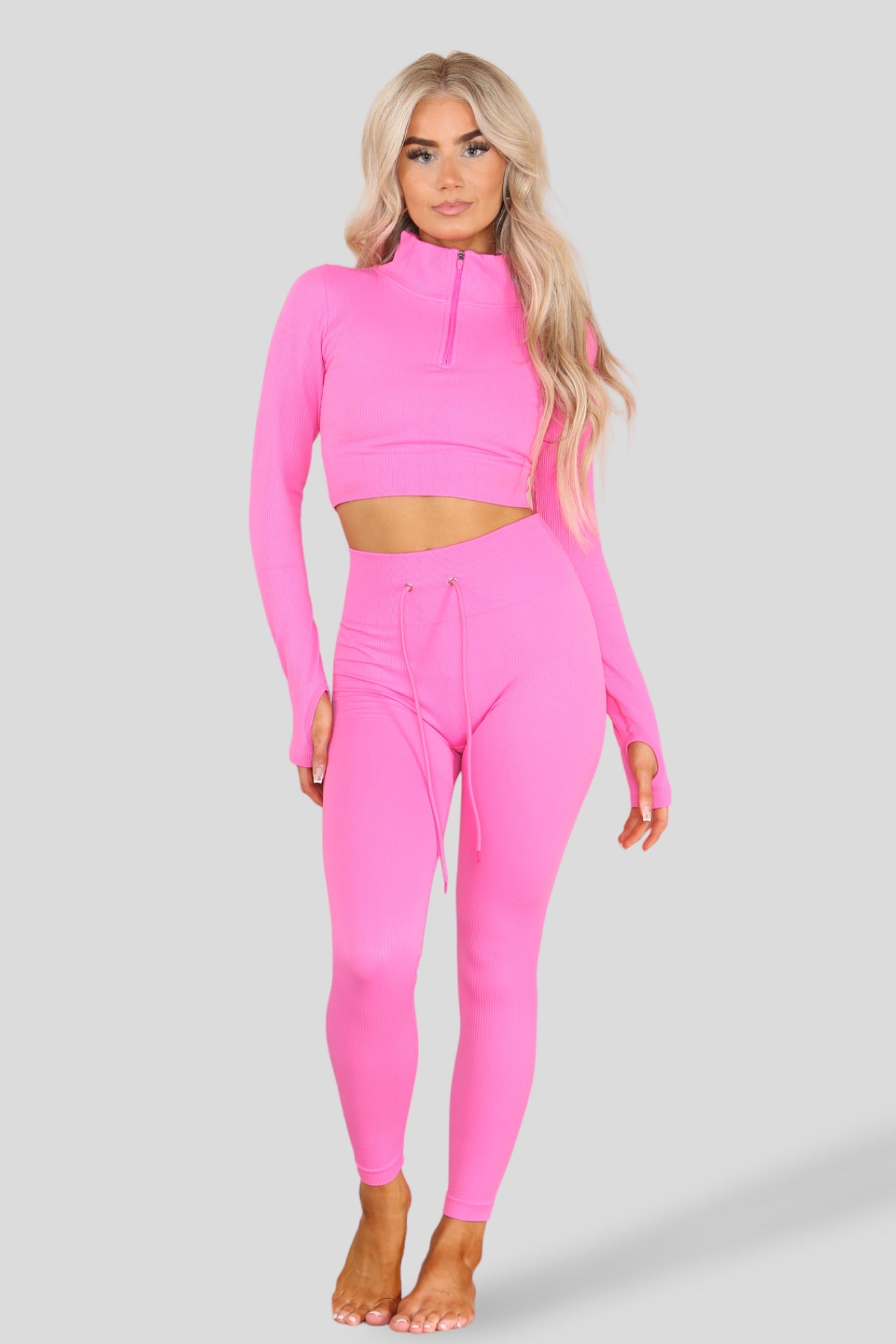 Neon Pink Ribbed Zip Top & Leggings Active Set - Gwen - Storm Desire