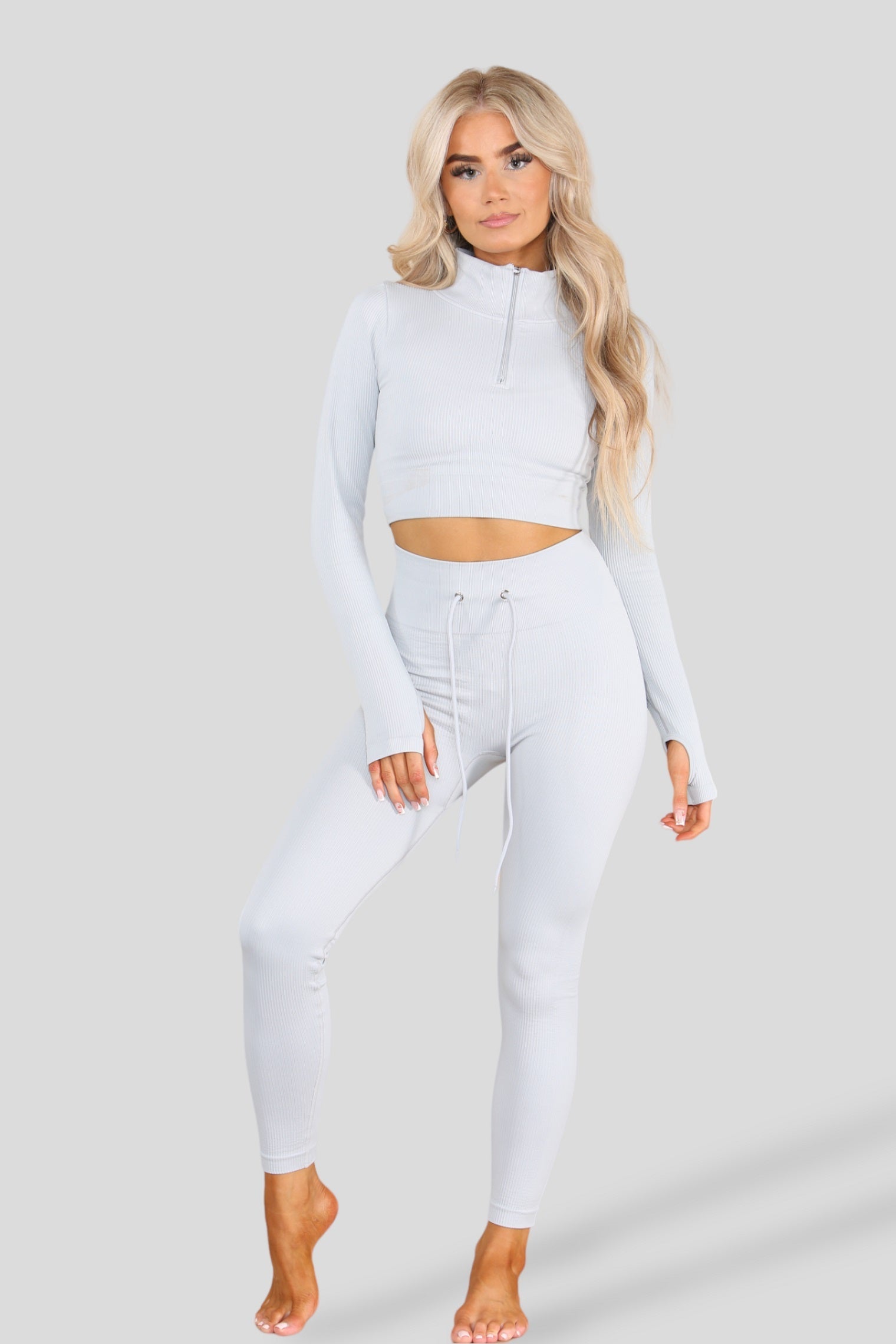 Light Grey Ribbed Zip Top & Leggings Active Set - Gwen - Storm Desire