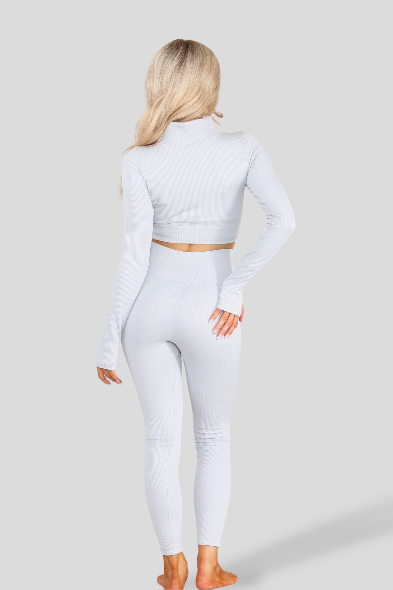 Light Grey Ribbed Zip Top & Leggings Active Set - Gwen - Storm Desire