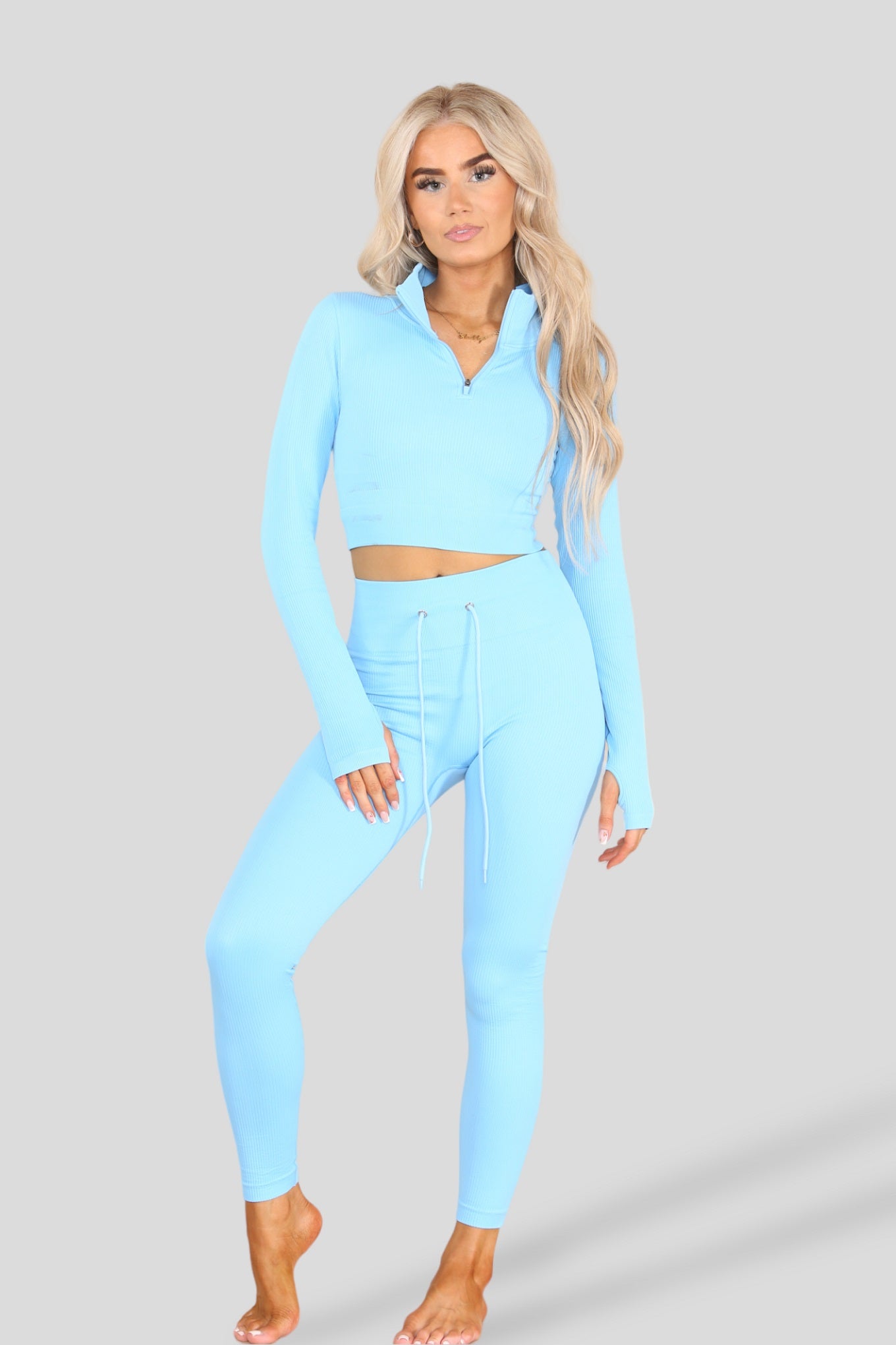 Baby Blue Ribbed Zip Top & Leggings Active Set - Gwen - Storm Desire