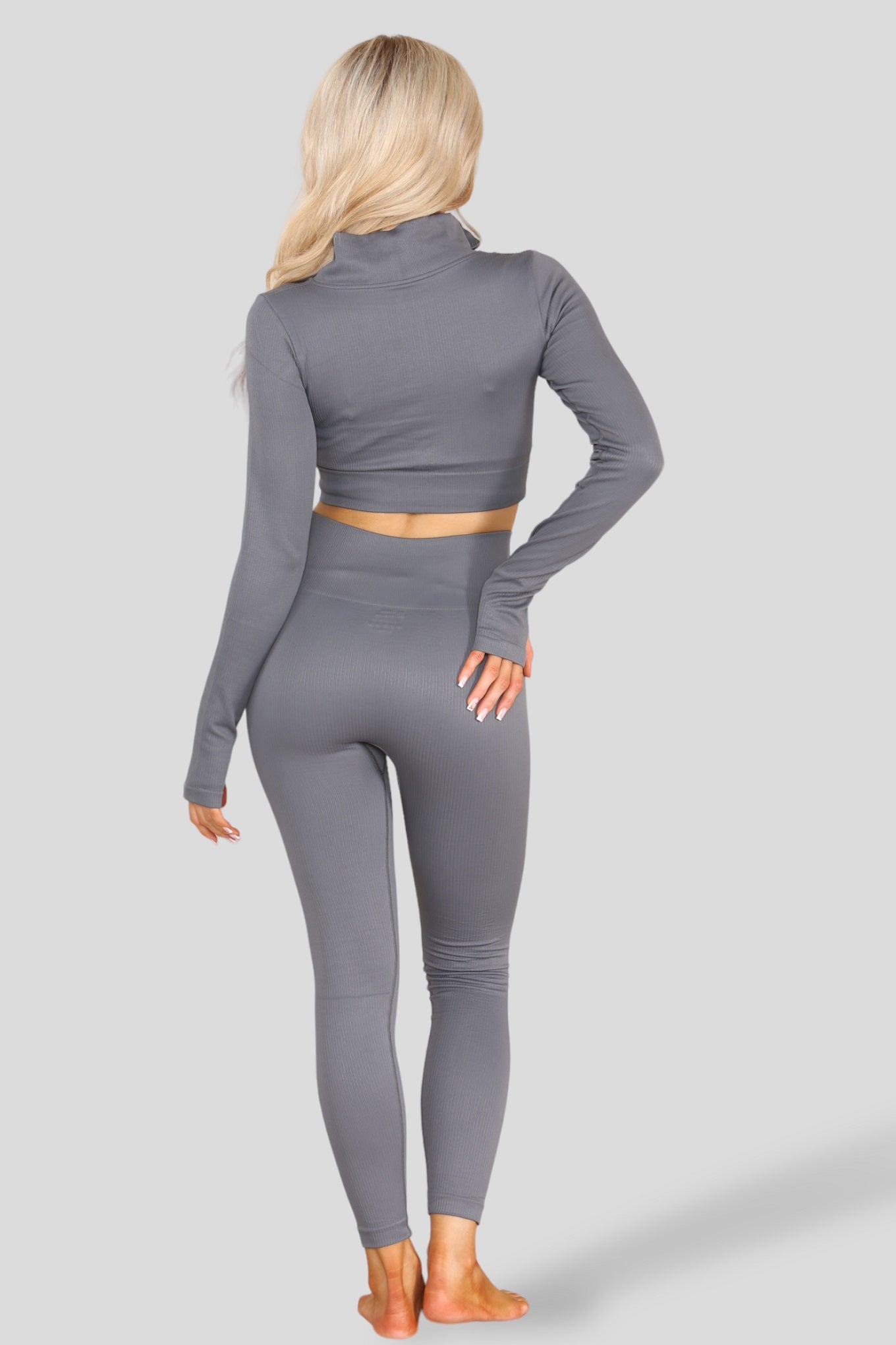 Grey Ribbed Zip Top & Leggings Active Set - Gwen - Storm Desire