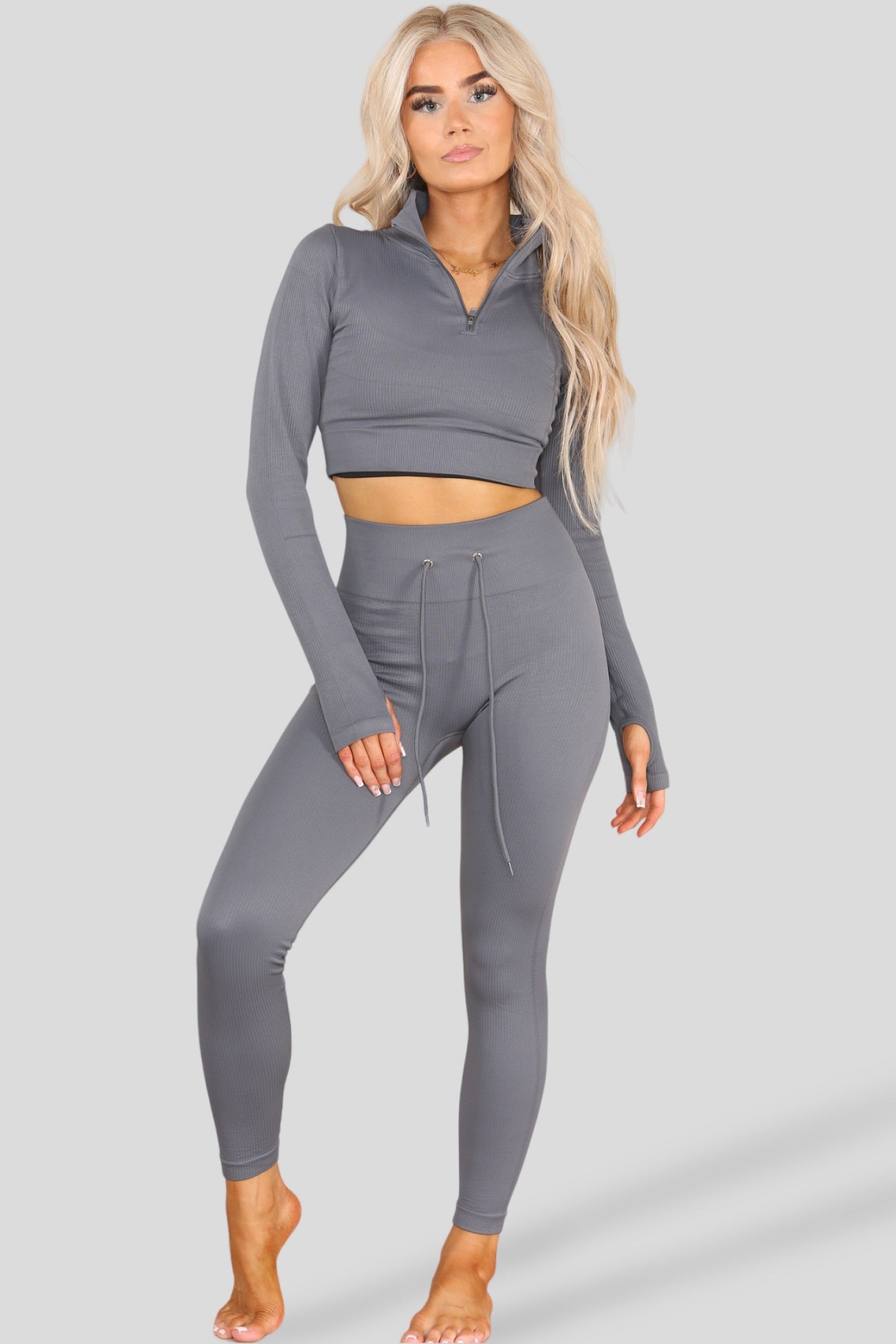 Grey Ribbed Zip Top & Leggings Active Set - Gwen - Storm Desire