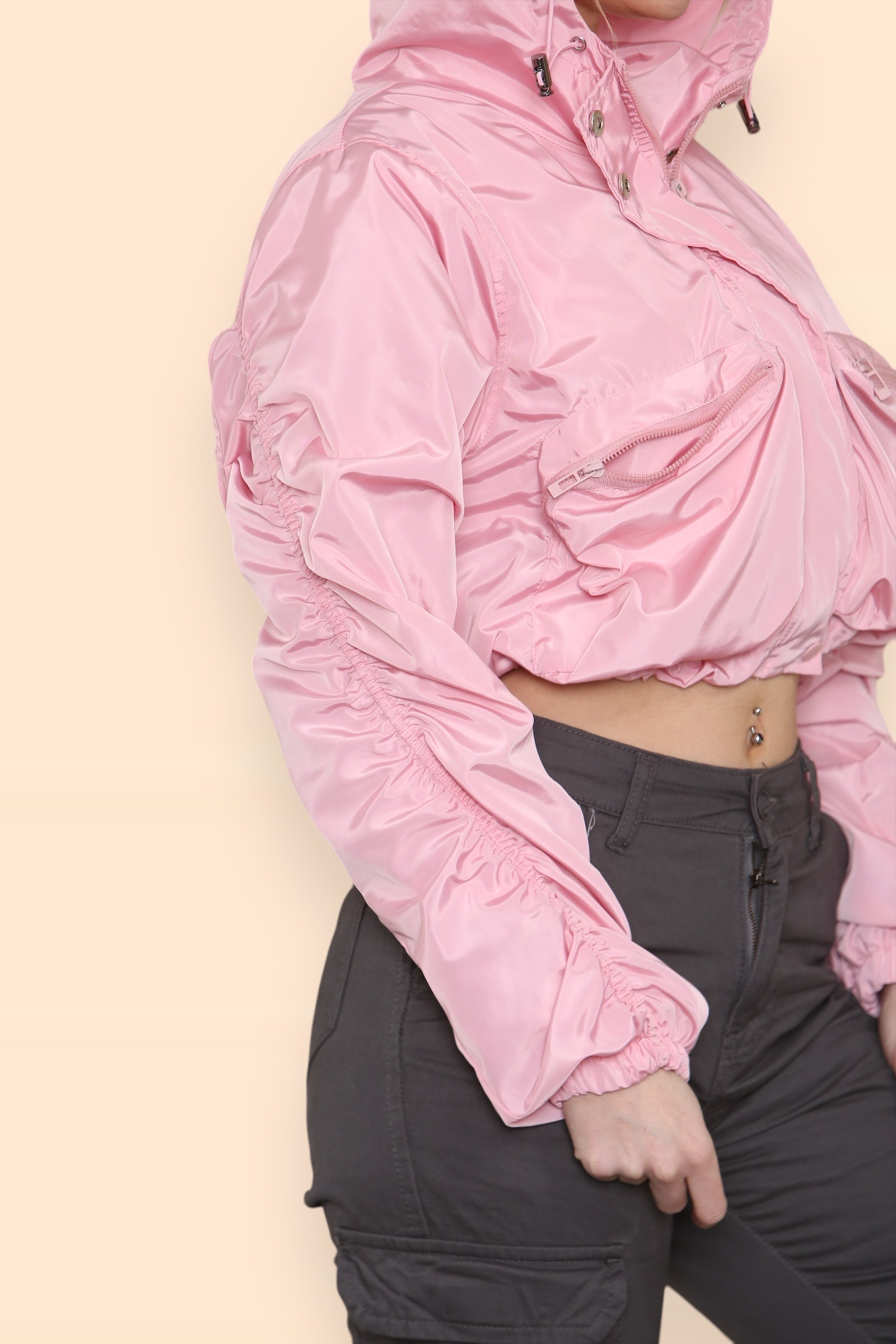 Baby Pink Ruched Sleeve Festival Hooded Crop Jacket - Amelia - Storm Desire