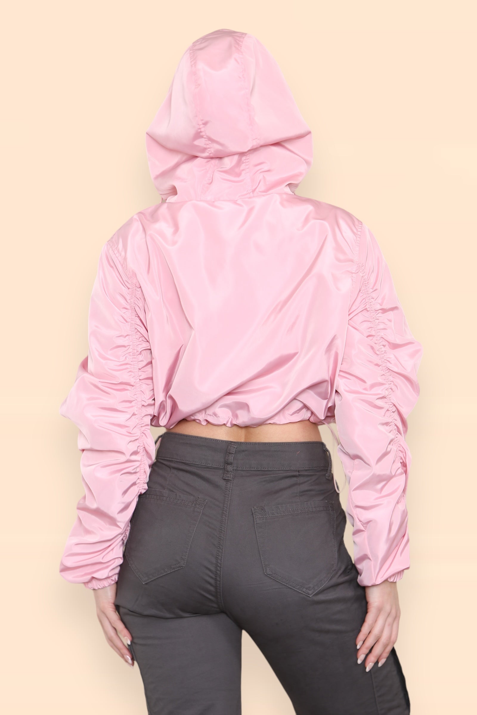 Baby Pink Ruched Sleeve Festival Hooded Crop Jacket - Amelia - Storm Desire