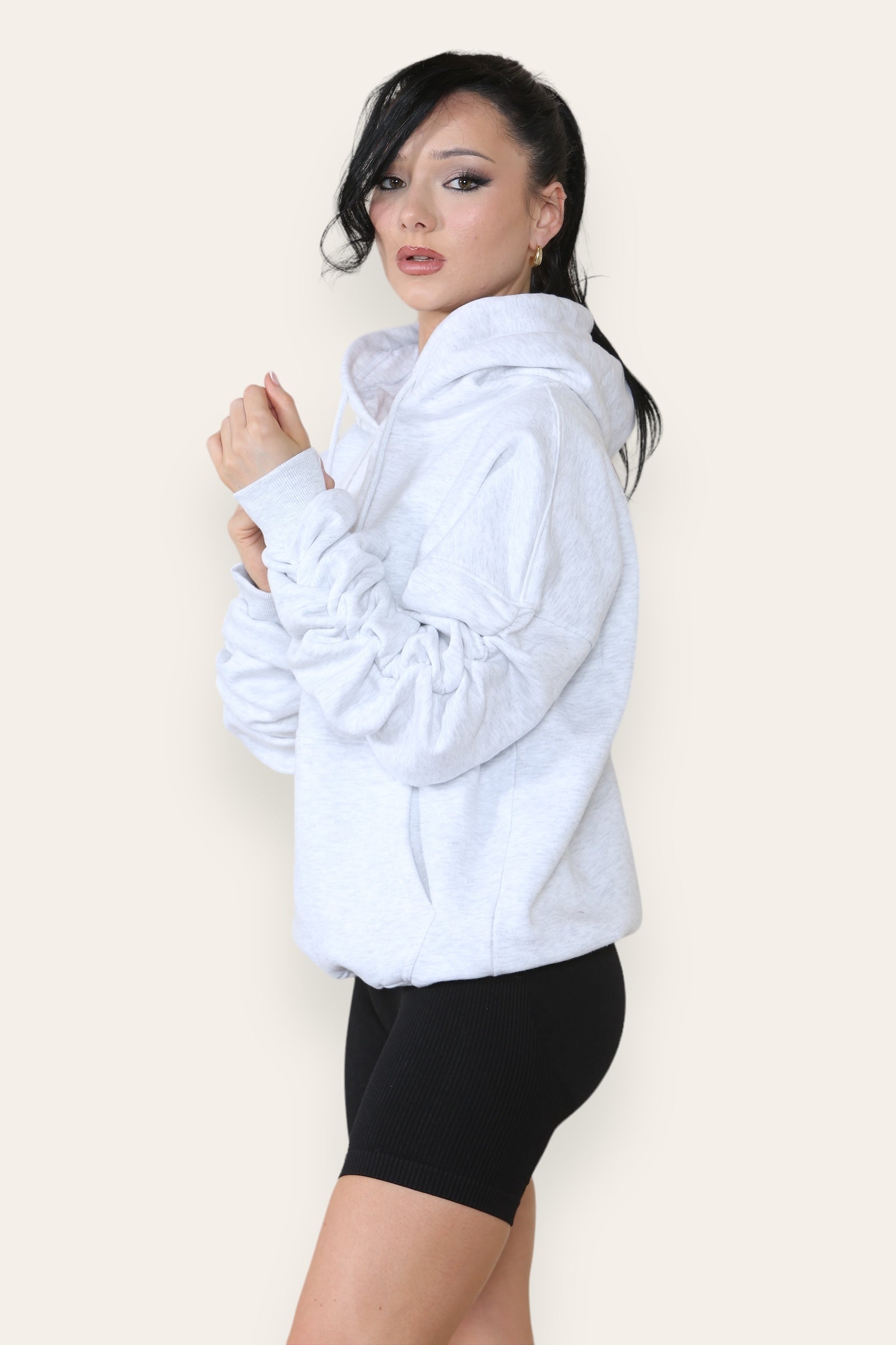 Ruched Sleeve Hooded Sweatshirt - Kora - Storm Desire