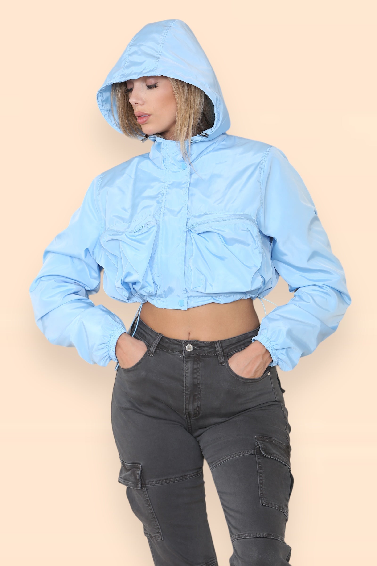 Baby Blue Ruched Sleeve Festival Hooded Crop Jacket - Amelia - Storm Desire