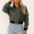 Distressed Washed Faux Leather Bomber Jacket - Kyra