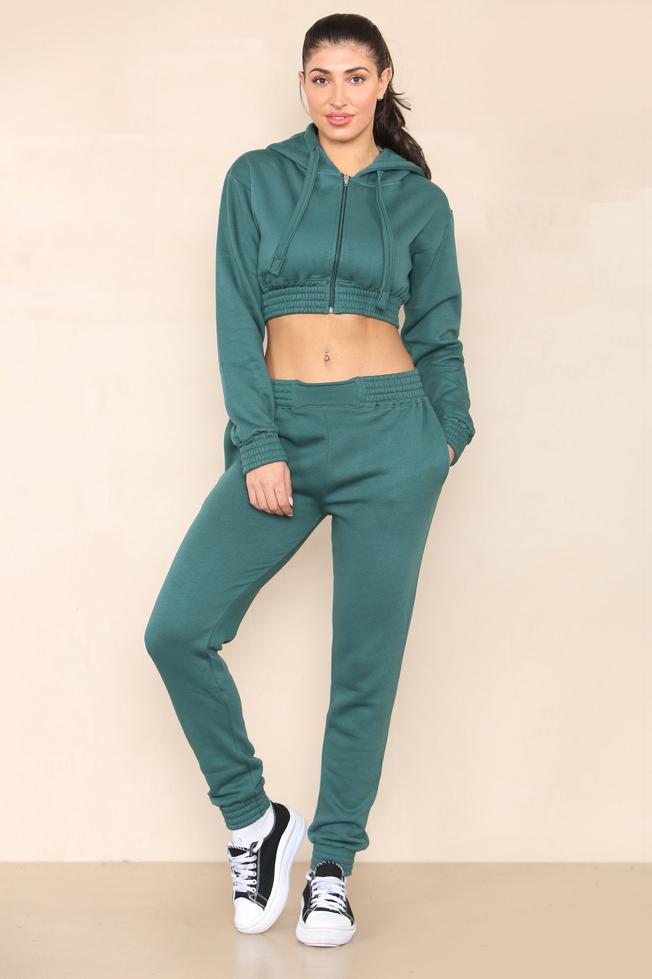 Dark Green Crop Hooded Loungewear - Valentina - Storm Desire
