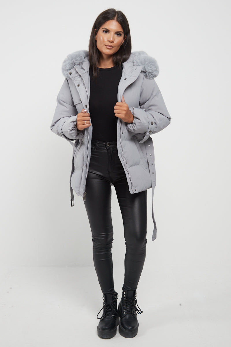 Grey Side Flap Faux Fur Hood Puffer Coat - Rosa - Storm Desire